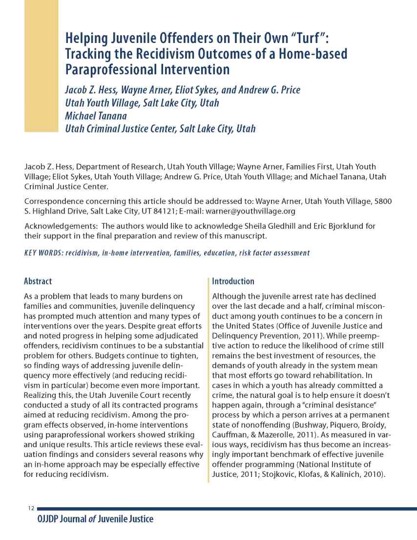 Jacob Z. Hess Recidivism Outcomes of Paraprofessional Intervention cover page